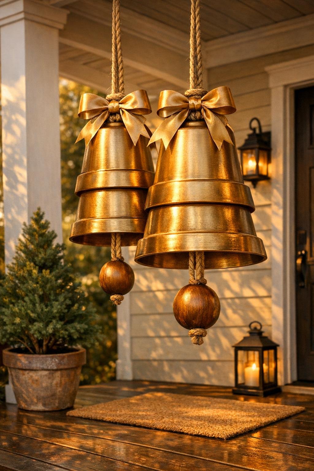 Finished giant clay pot porch bells hanging on a front porch