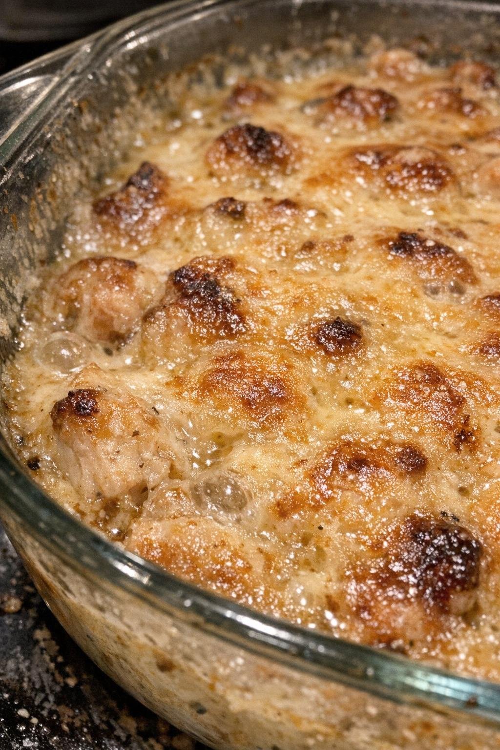 Bubbling casserole in a glass dish