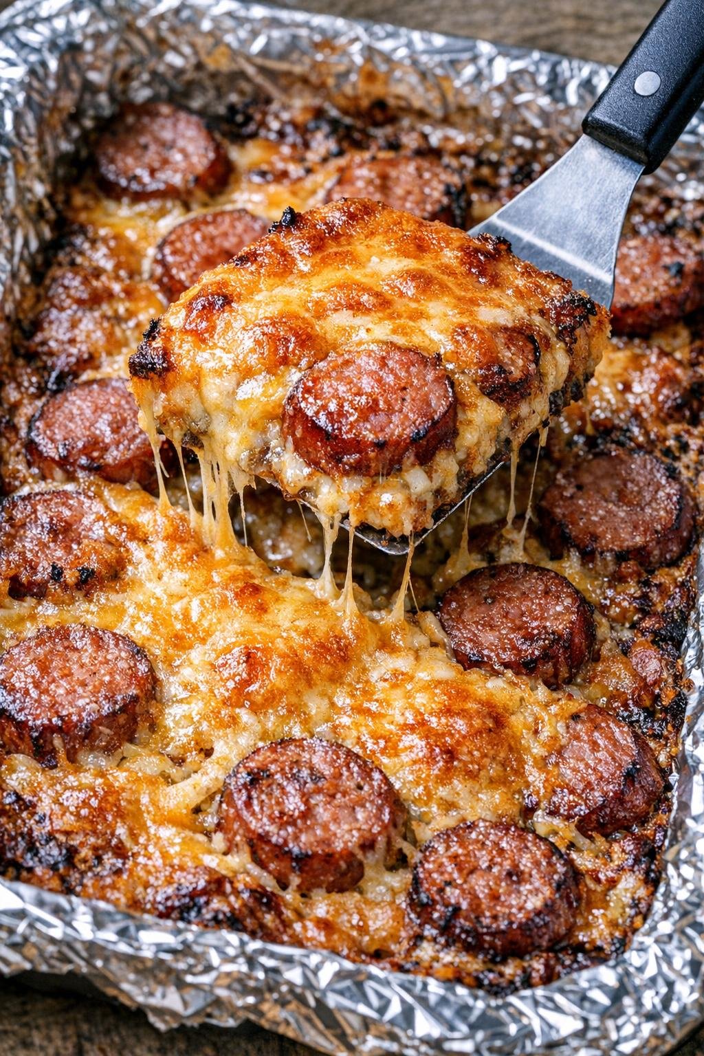 Low carb kielbasa bake on foil tray