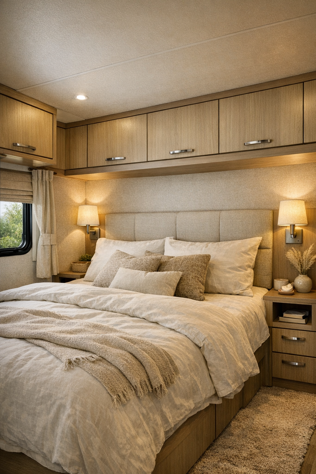 Calm RV bedroom with neutral bedding, oak built-ins, and soft reading lights