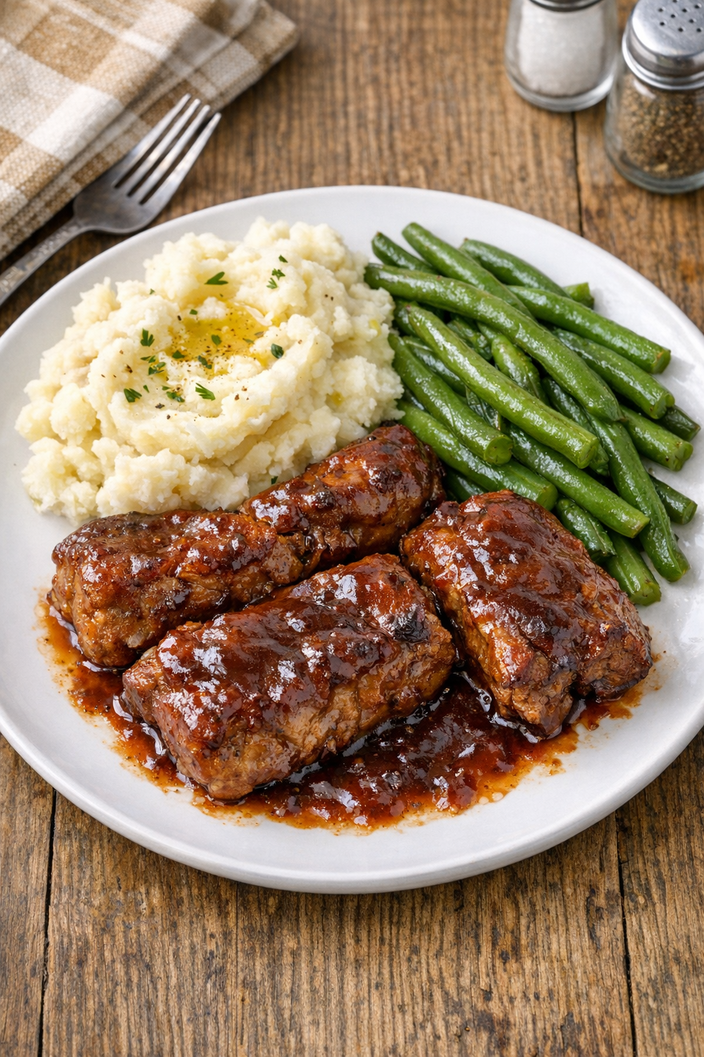 Finished country-style pork ribs plated with sauce
