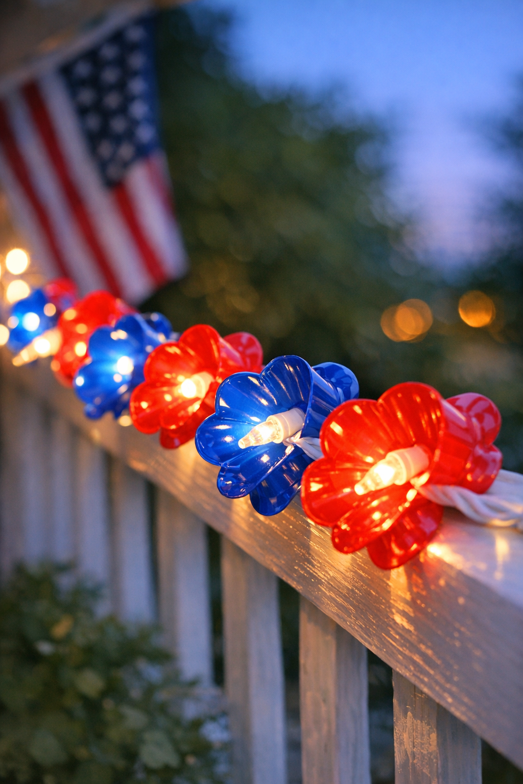Finished patriotic outdoor light covers glowing in red and blue
