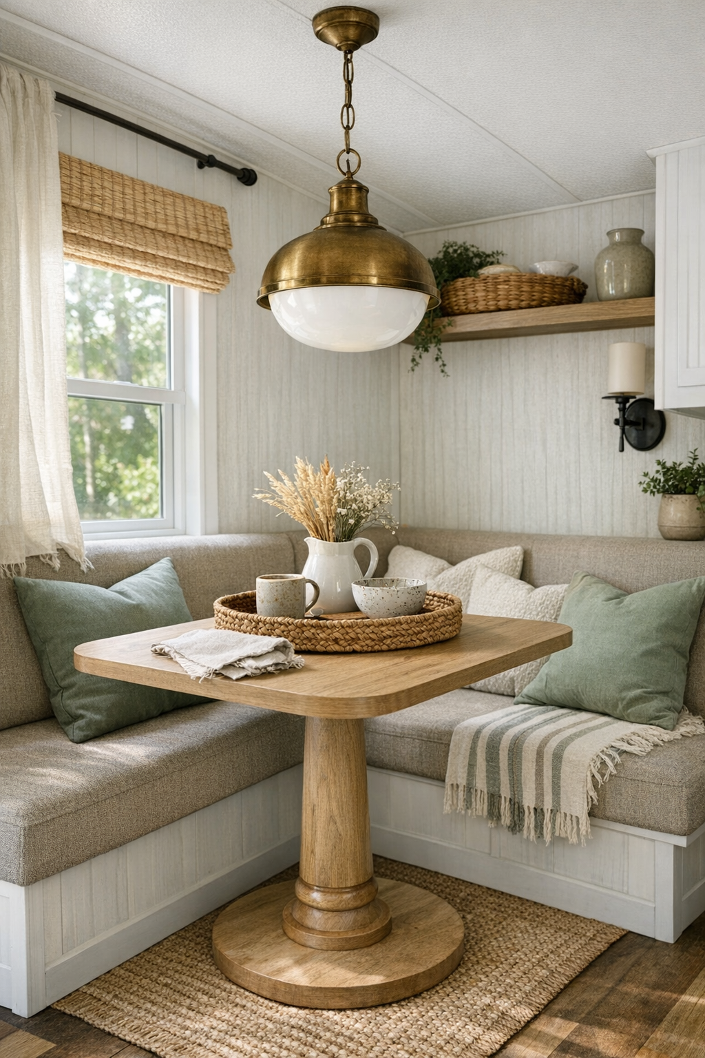 Compact cottage dining nook with banquette seating and light wood table