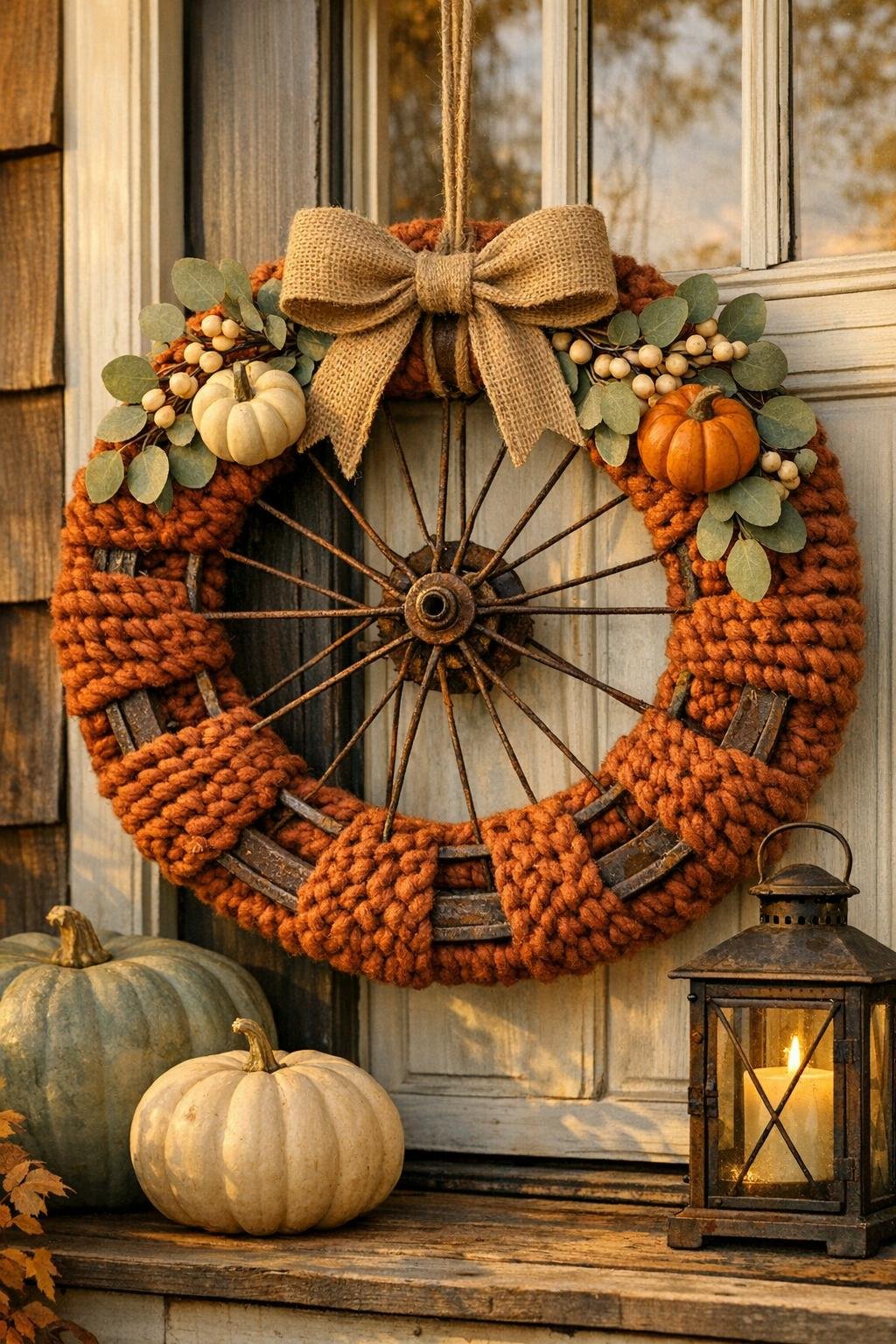 Finished fall wreath made from a bicycle wheel and chunky cinnamon yarn