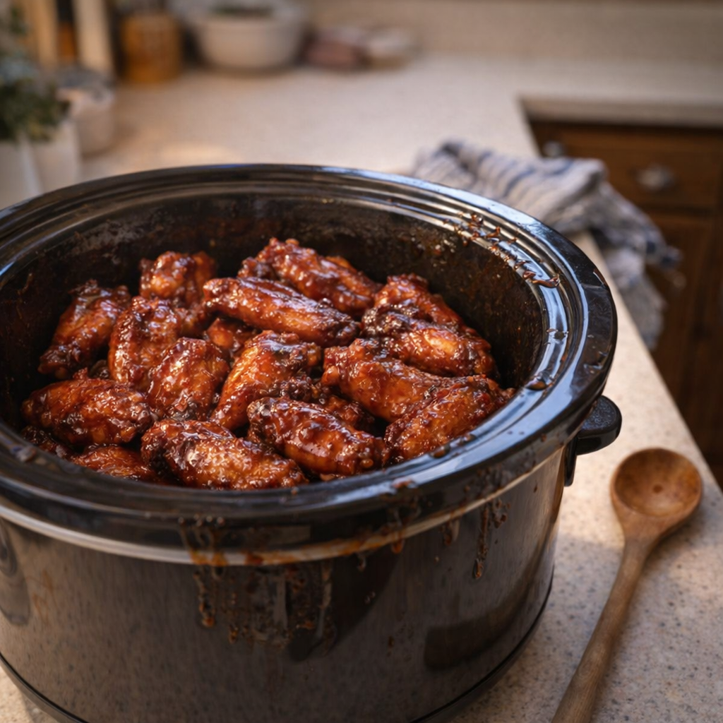 Slow cooker chicken wings on a cozy kitchen counter
