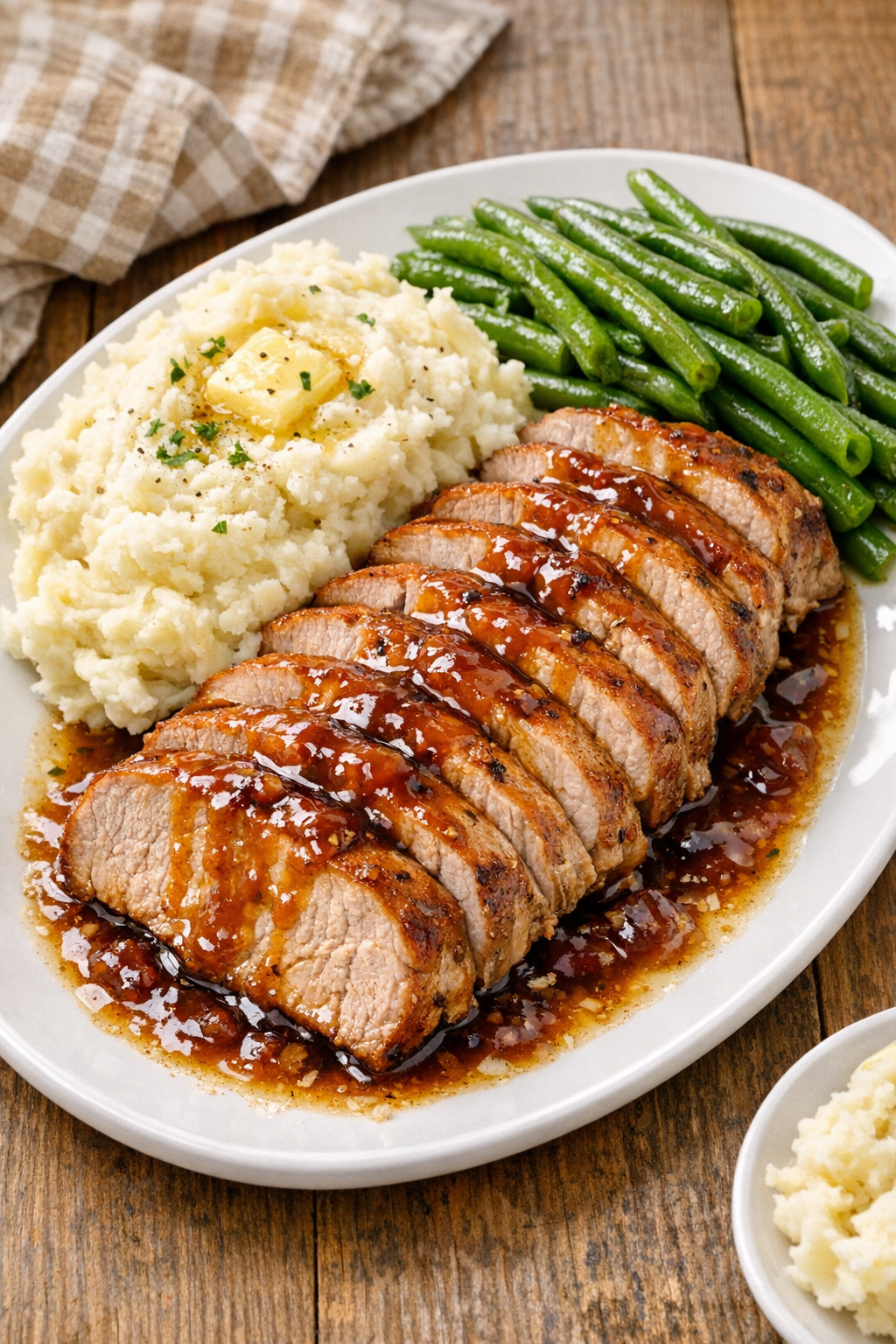 Finished slow cooker pork loin plated with sauce