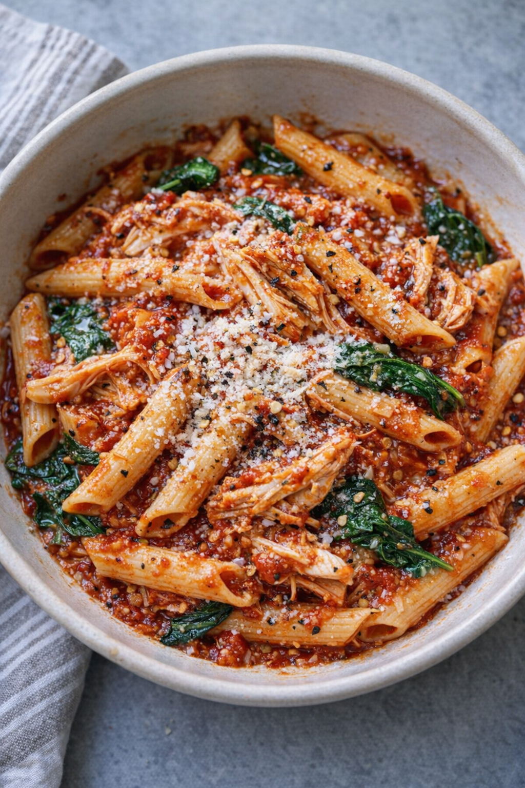 Kip Parmezaanse pasta met spinazie erdoorheen gemengd