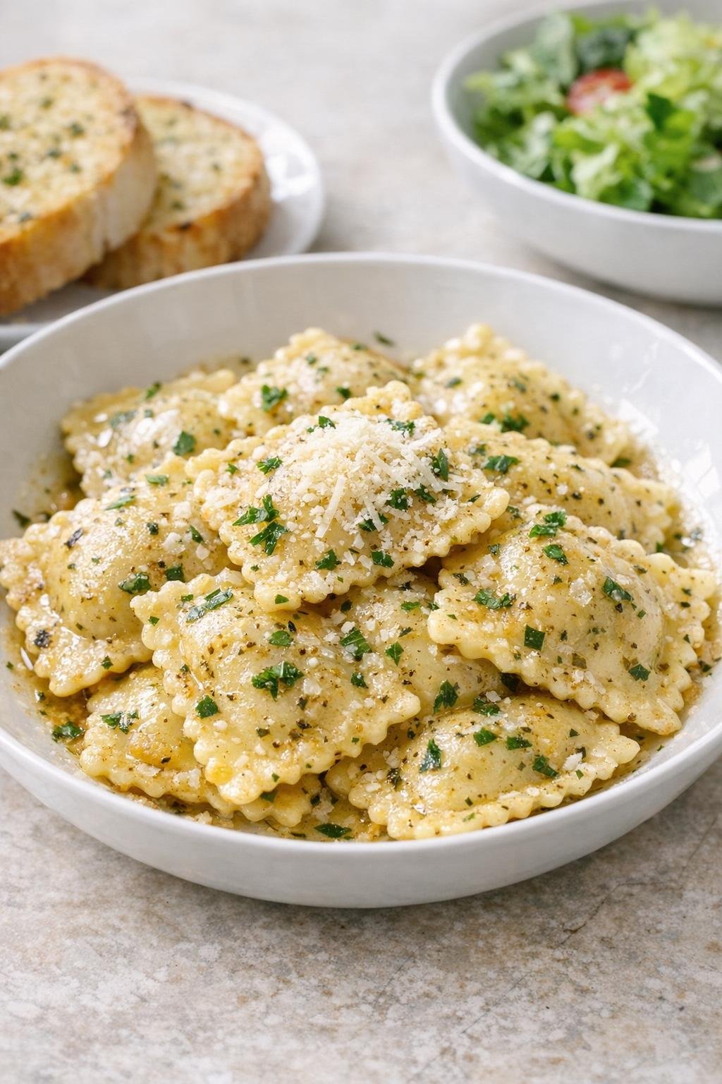 Plated buttery Italian ravioli with Parmesan and herbs