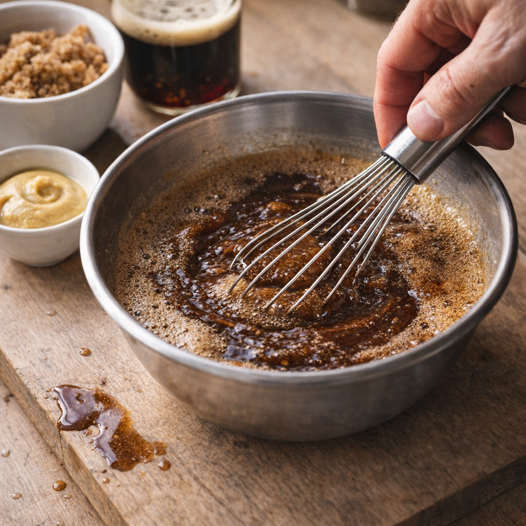 Dark stout glaze mixture being whisked in a bowl