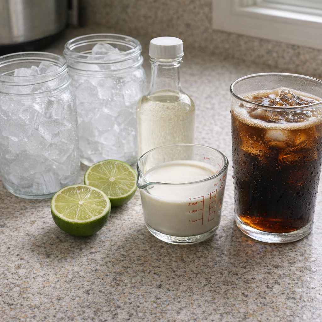 Ingredients for dirty cola arranged on a kitchen counter