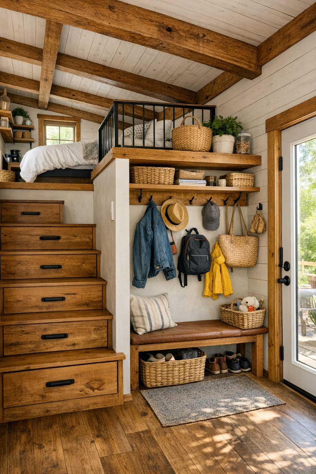 Tiny home loft and entry details with built-in storage, wood stairs, and handcrafted trim