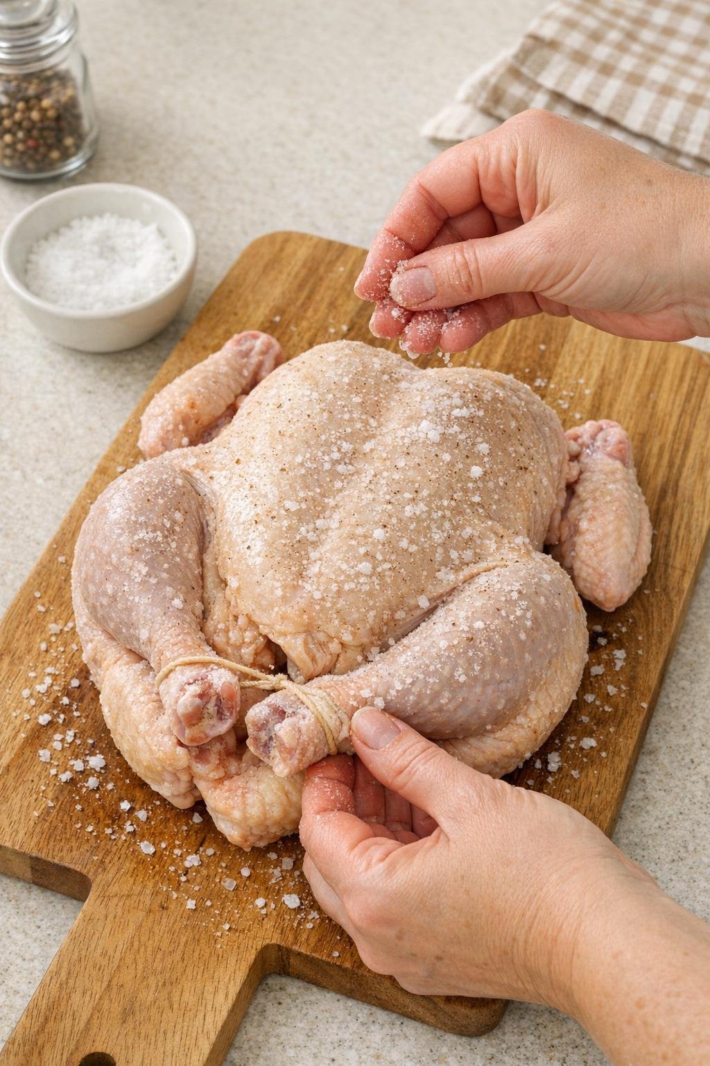 Salted whole chicken being prepared on a cutting board