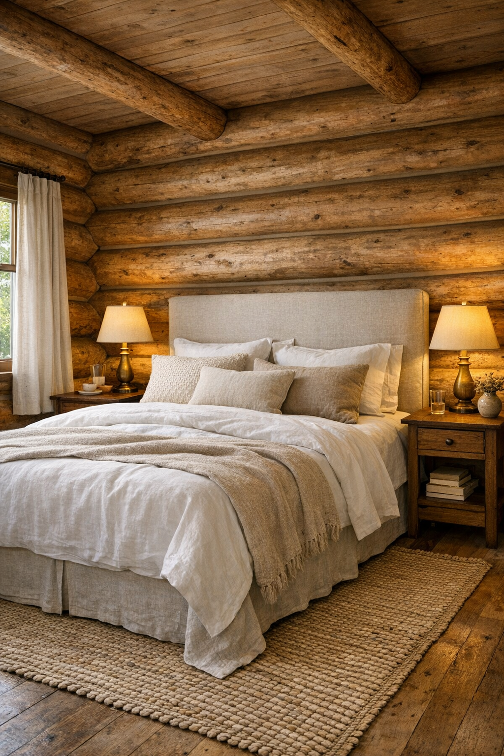 Peaceful log home bedroom with layered neutral bedding and soft lighting