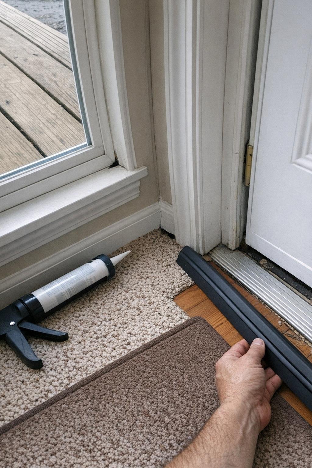 Drafty window and door edges being checked and sealed