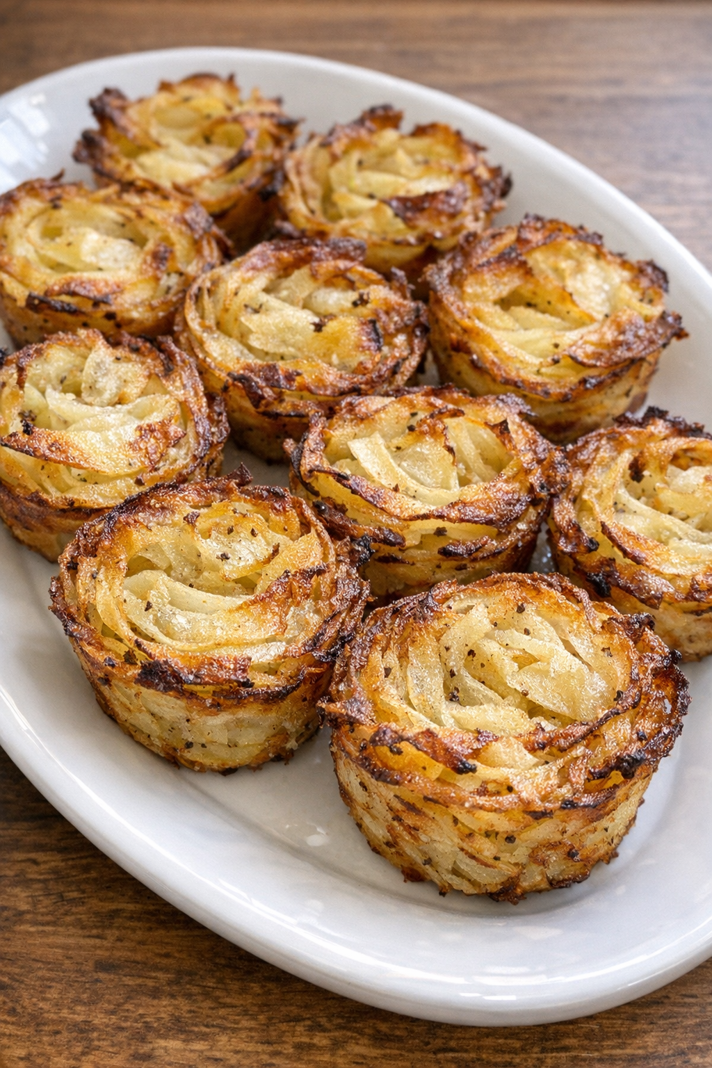 Golden brown potato ribbon nests on a white platter