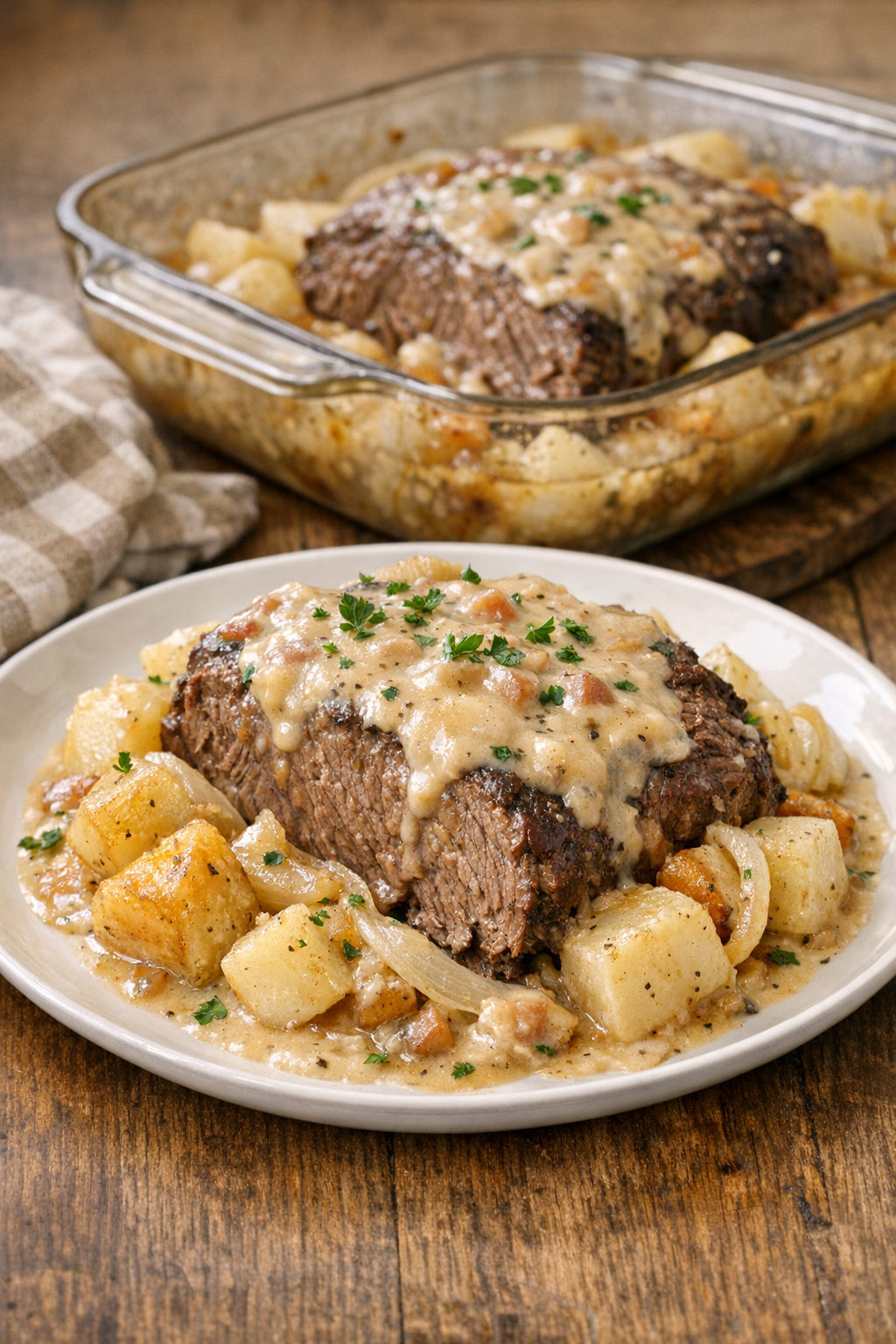 Finished Amish beef and turnip bake plated for dinner