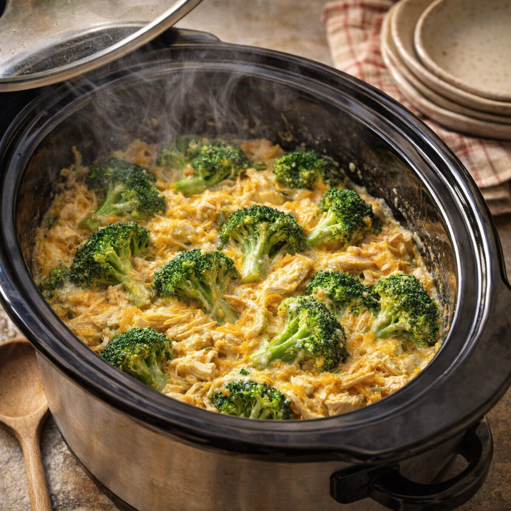 Slow cooker cheesy chicken and broccoli in a country kitchen