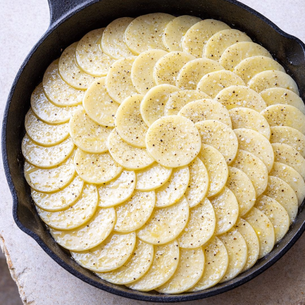 Potato slices layered in a cast-iron skillet in a circular pattern