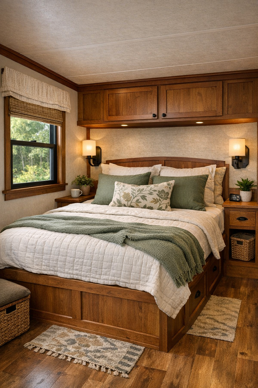 Calm bedroom with layered white bedding, sage accents, and built-in storage