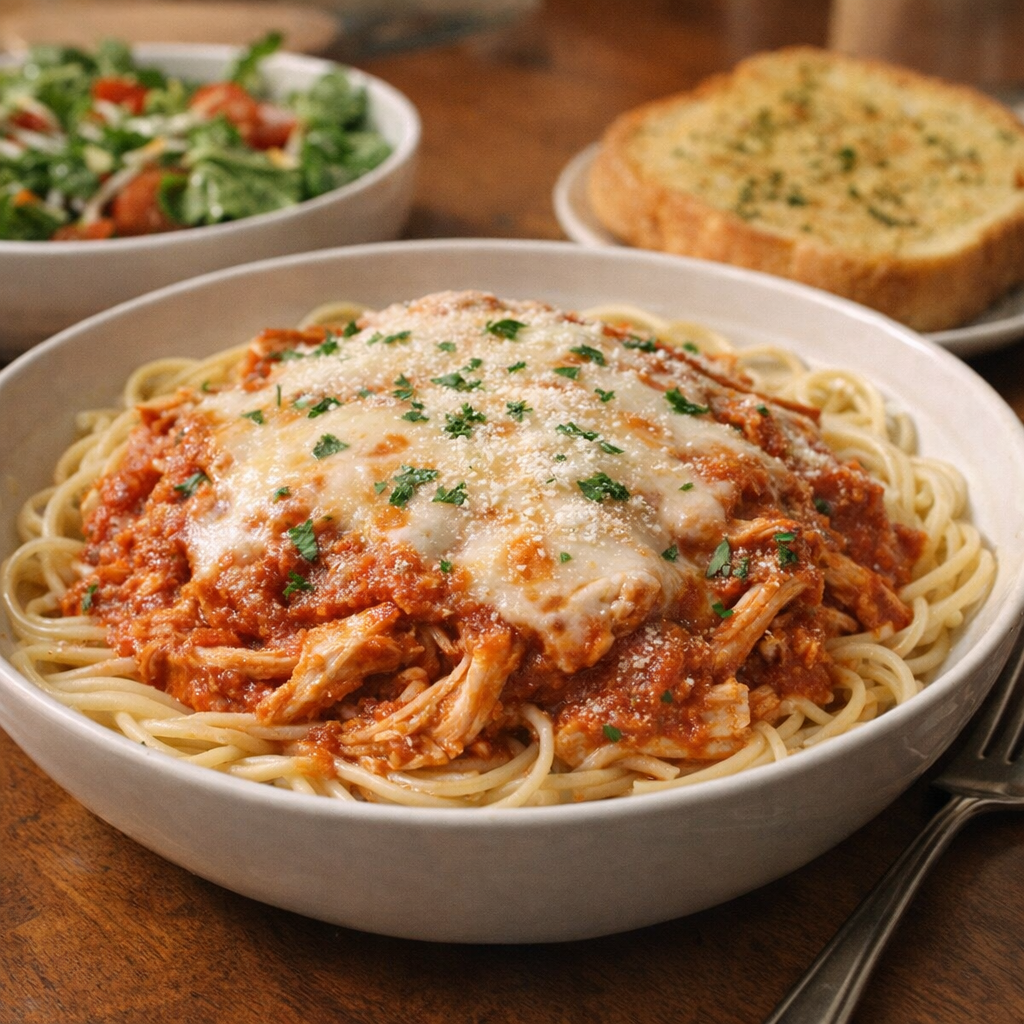 Slow cooker chicken parmesan served over pasta on a weeknight dinner table