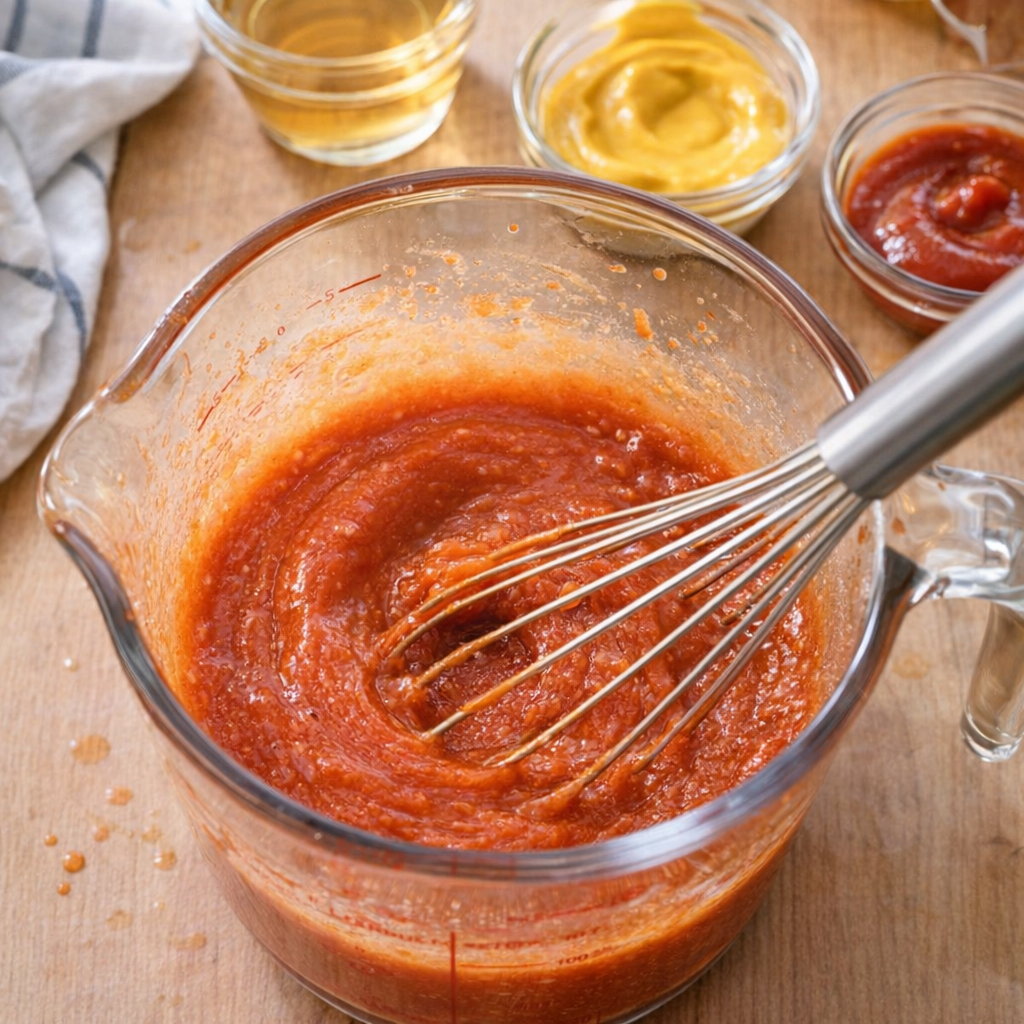 Homemade sloppy joe sauce being whisked in a measuring cup