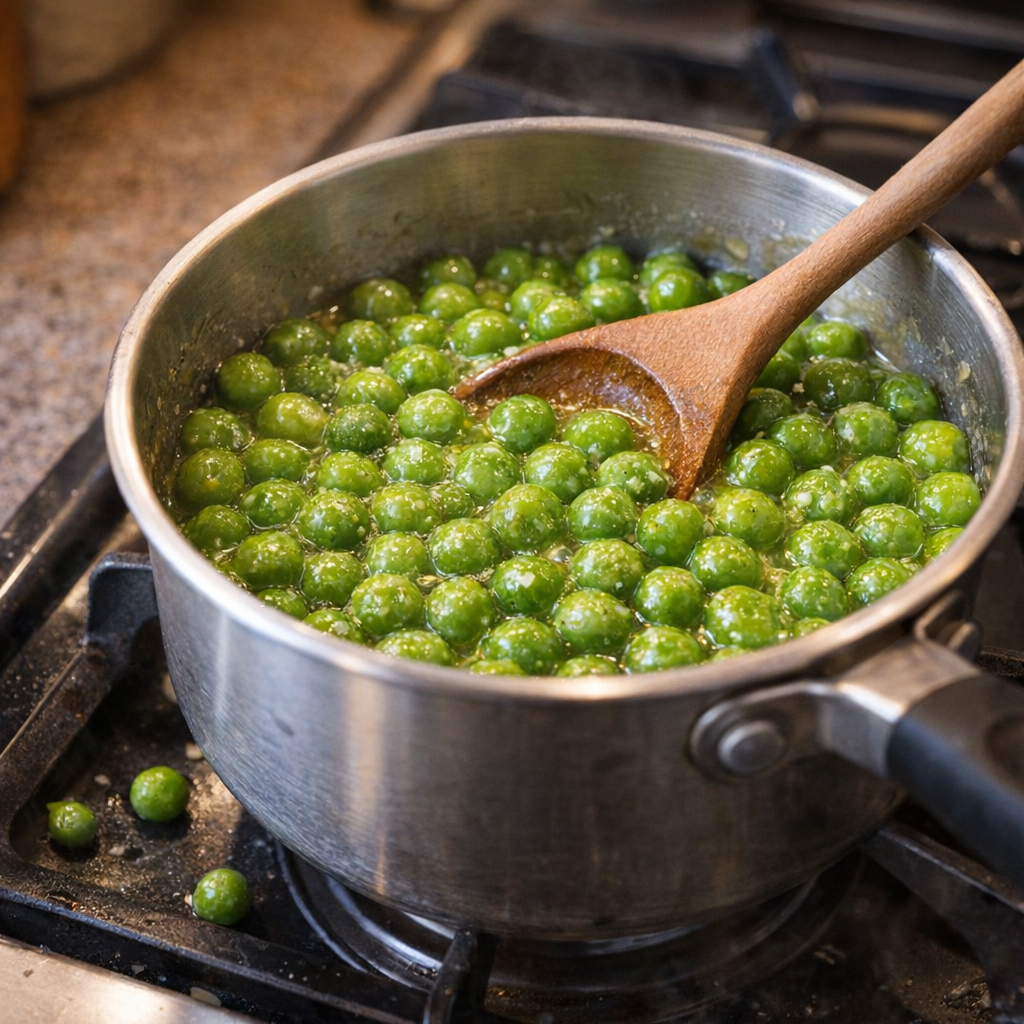 Small saucepan of buttery sweet peas on a home stove