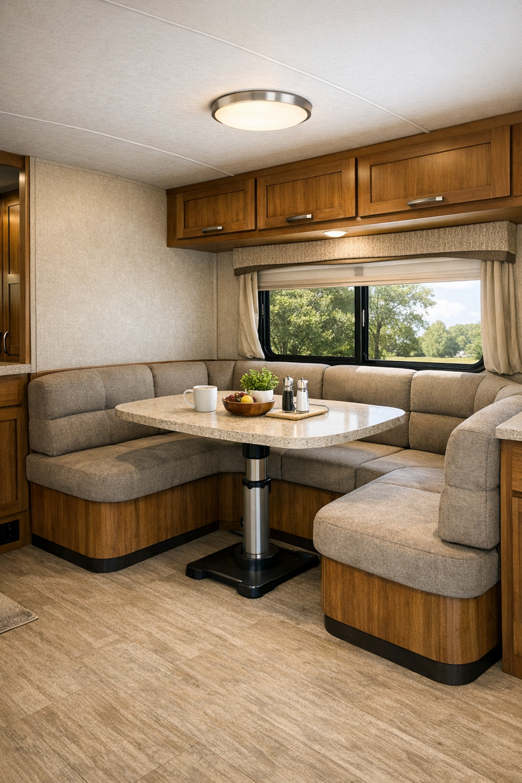 Accessible RV dining nook with pedestal table and upholstered seating