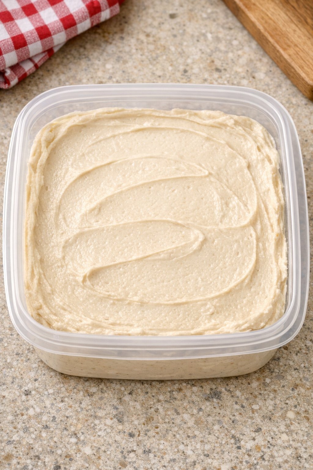 Creamy dip base spread into a container
