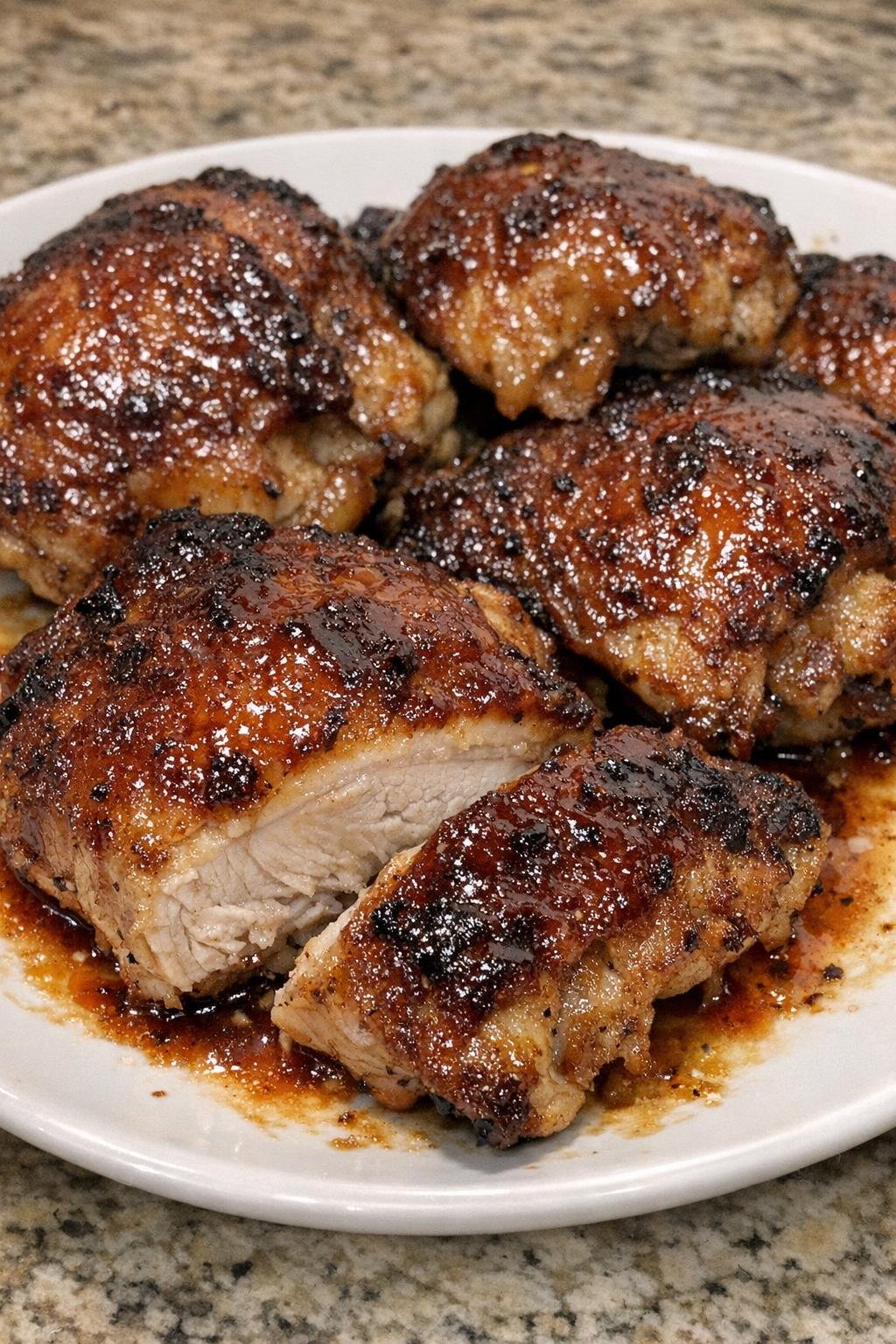 Golden brown roasted chicken thighs with sticky red glaze on a white plate