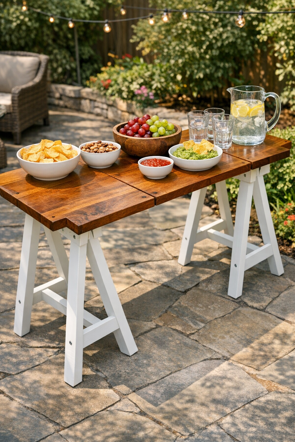 Finished DIY outdoor snack bar made from cutting boards and painted sawhorse legs