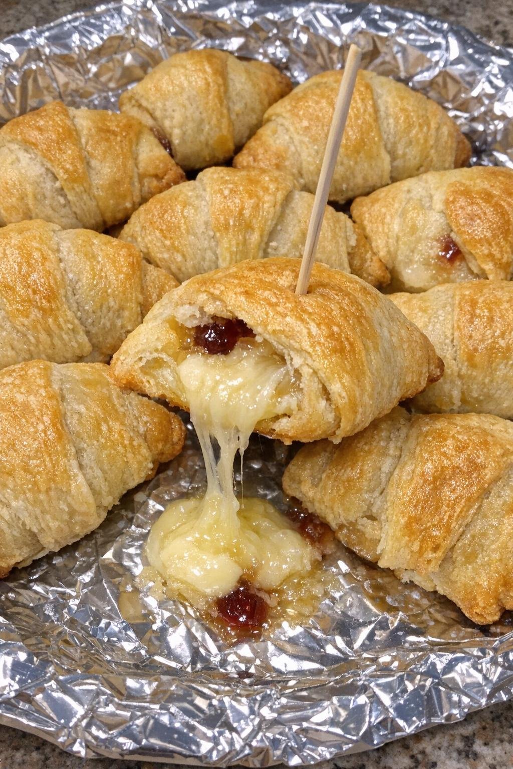 3-ingredient brie Whitmore bites on a foil-lined platter
