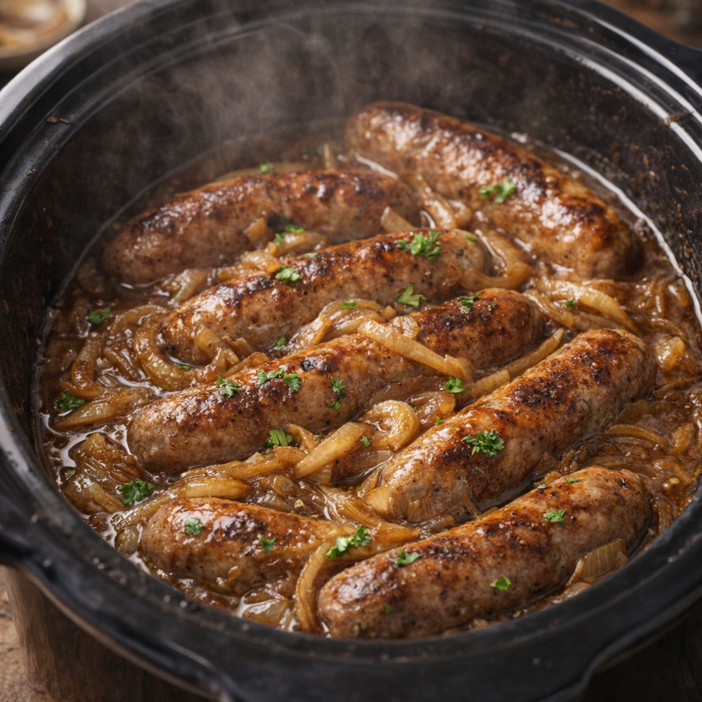 Cooked sausages and onions in rich brown gravy inside a slow cooker