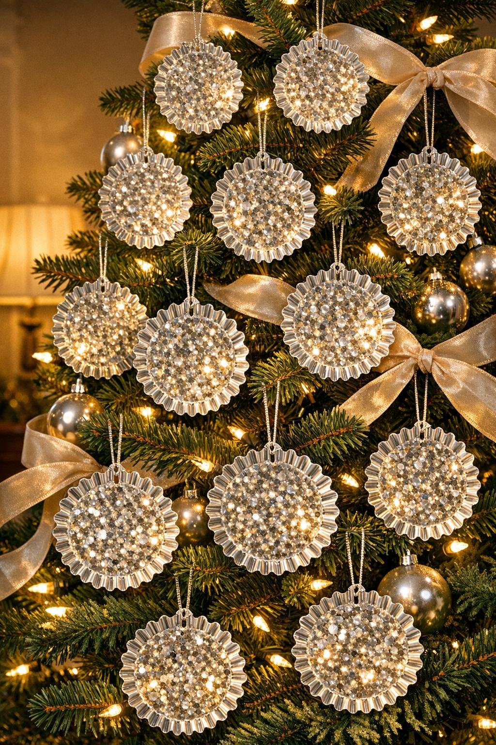 Finished pressed crystal ornament set hanging on a Christmas tree