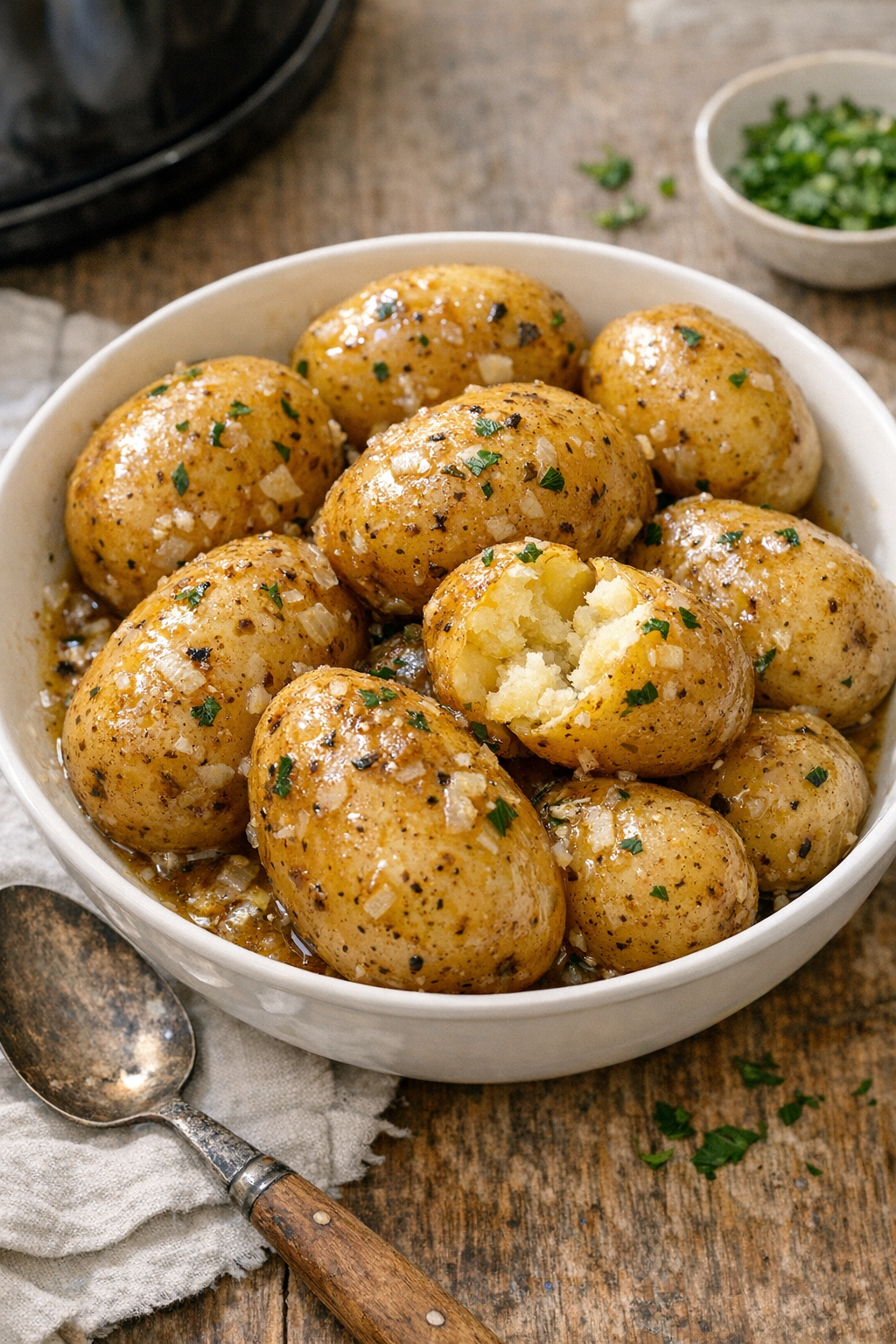 Tender slow cooker yellow potatoes finished with buttery onion seasoning