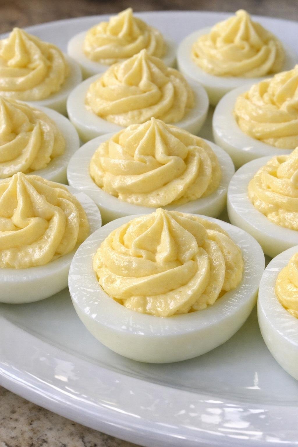 Halved boiled egg whites filled with smooth pale-yellow filling on a white platter