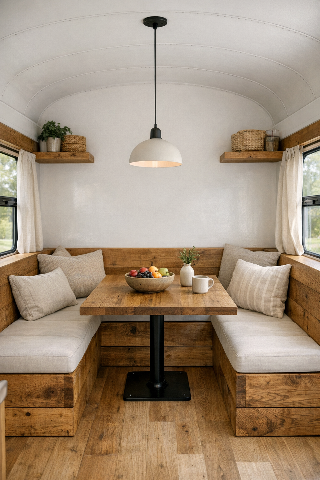 Compact dining nook in a converted bus with oak banquette, small wood table, and pendant lighting