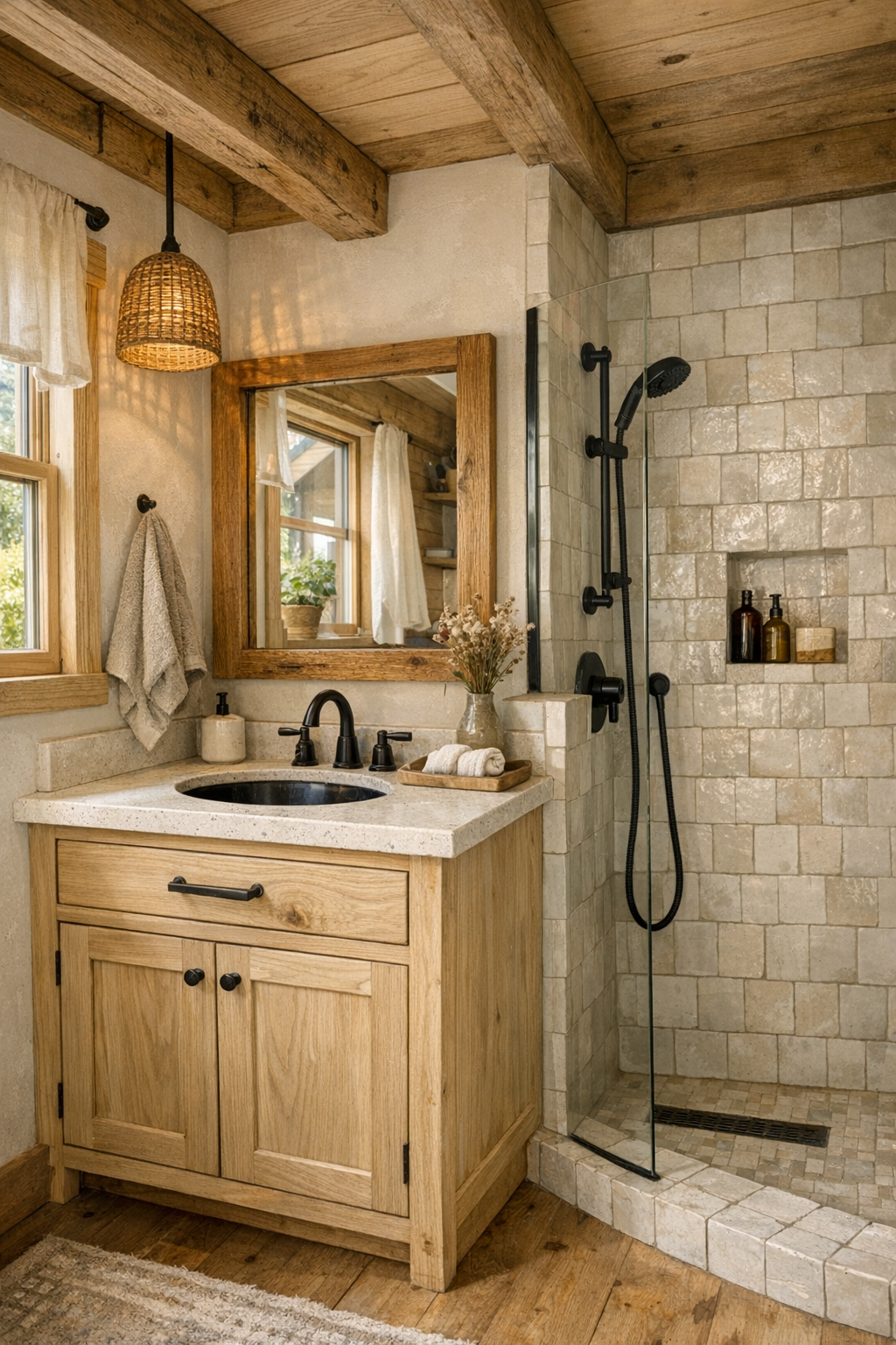 Warm handcrafted bathroom with cream vanity and tiled shower