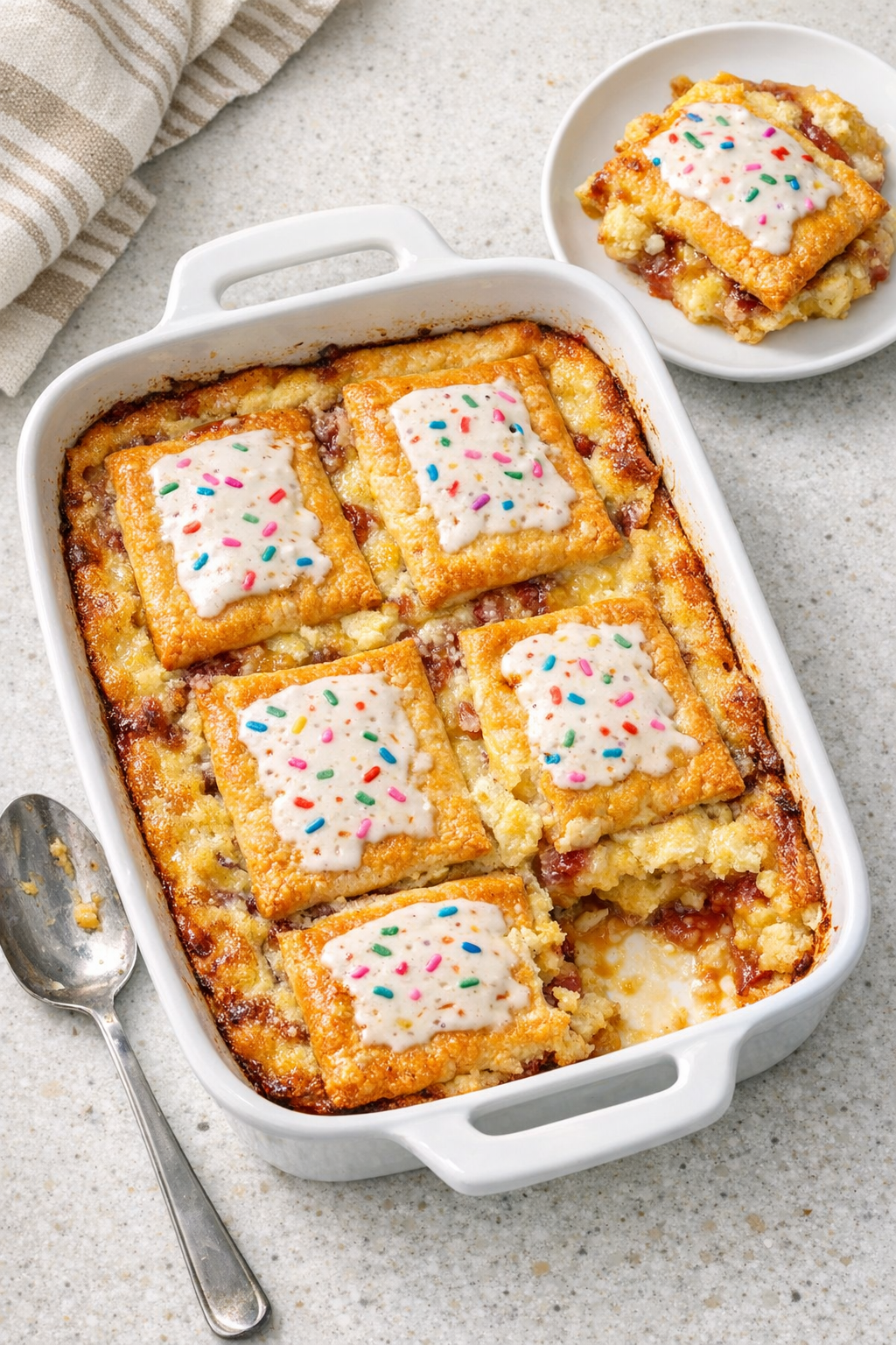 Finished baked toaster pastry dessert in casserole dish
