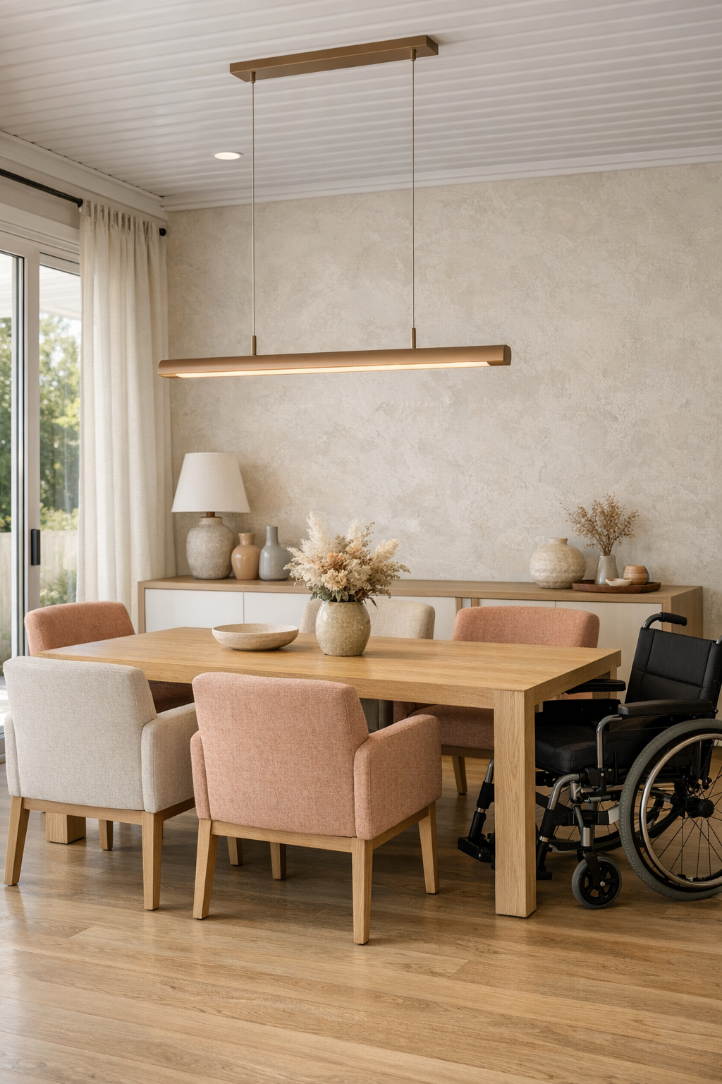 Modern dining room with pale oak table and warm blush accents