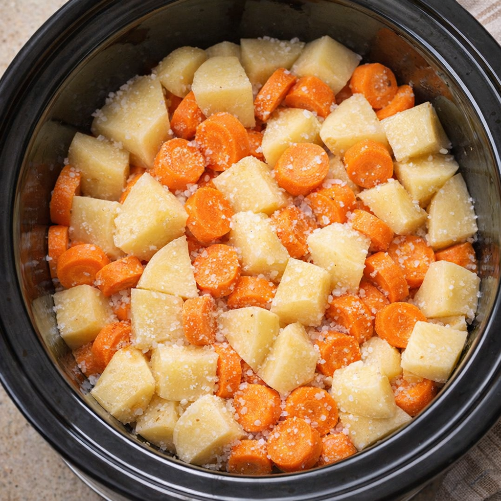 Slow cooker filled with potatoes and carrots before cooking