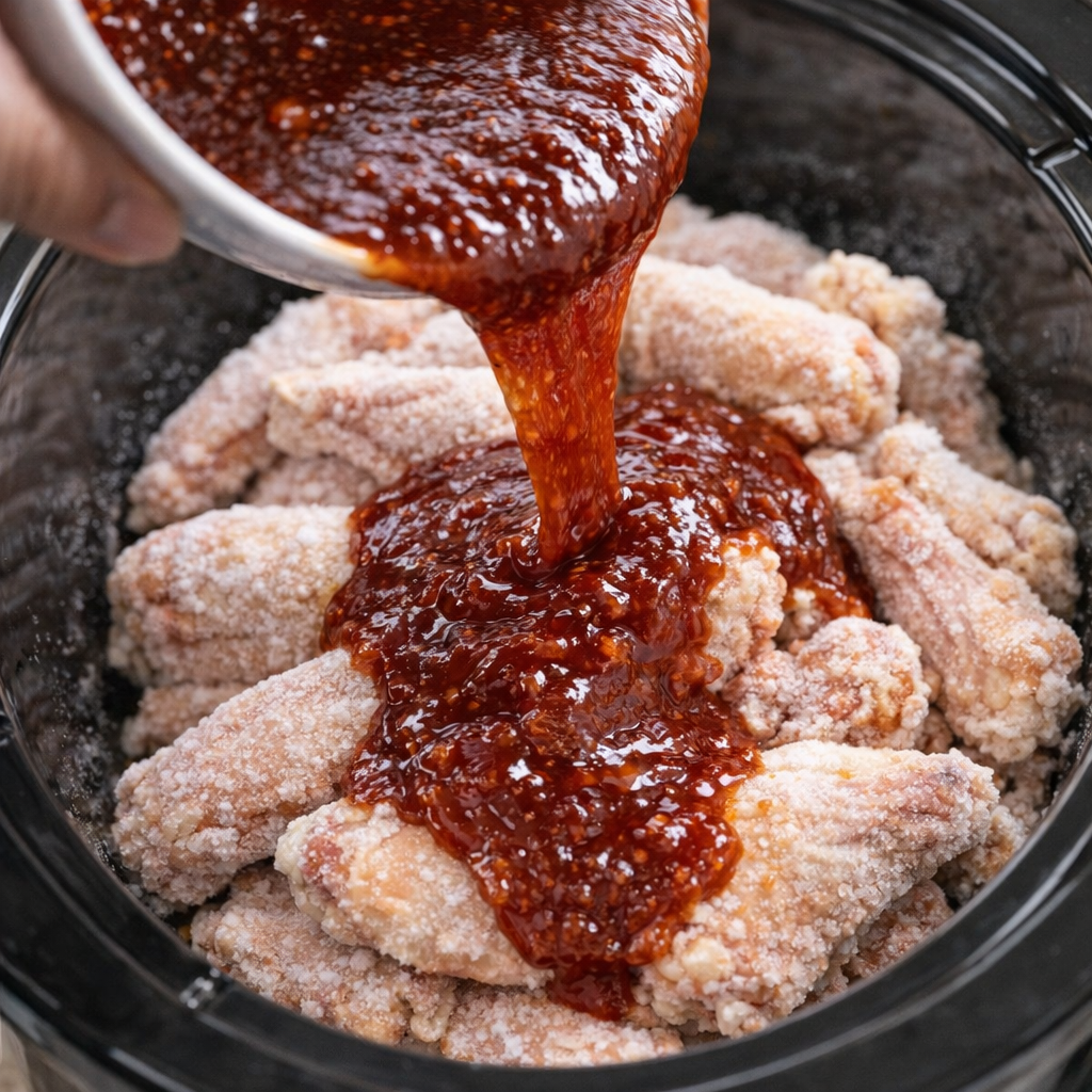 Sauce being poured over frozen wings in a slow cooker
