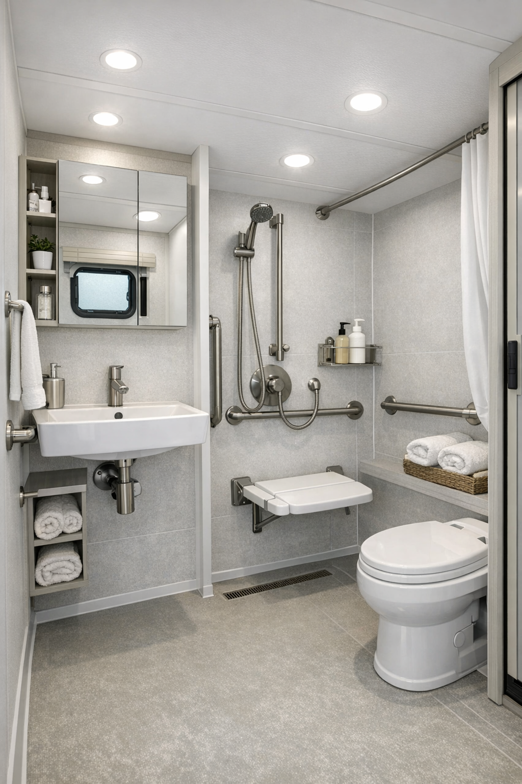 Modern accessible RV bathroom with curbless shower, wall-mounted sink, pale surfaces, and brushed aluminum fixtures