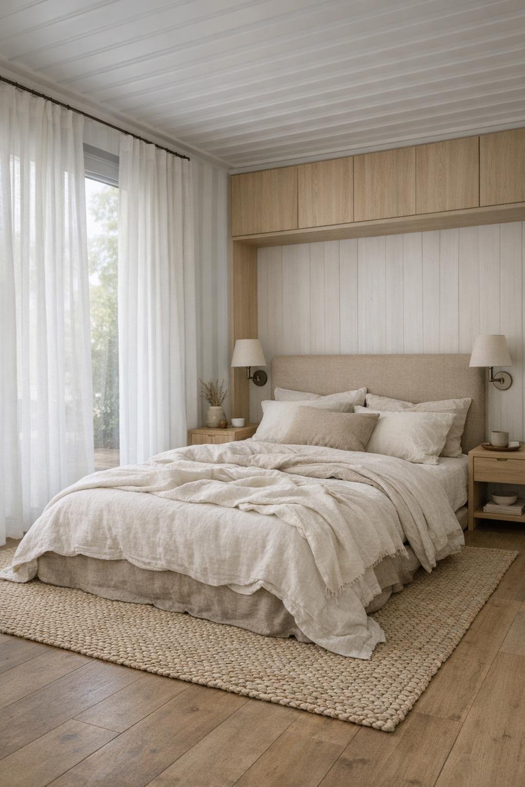 Serene bedroom with layered linen bedding, light wood, and soft filtered daylight