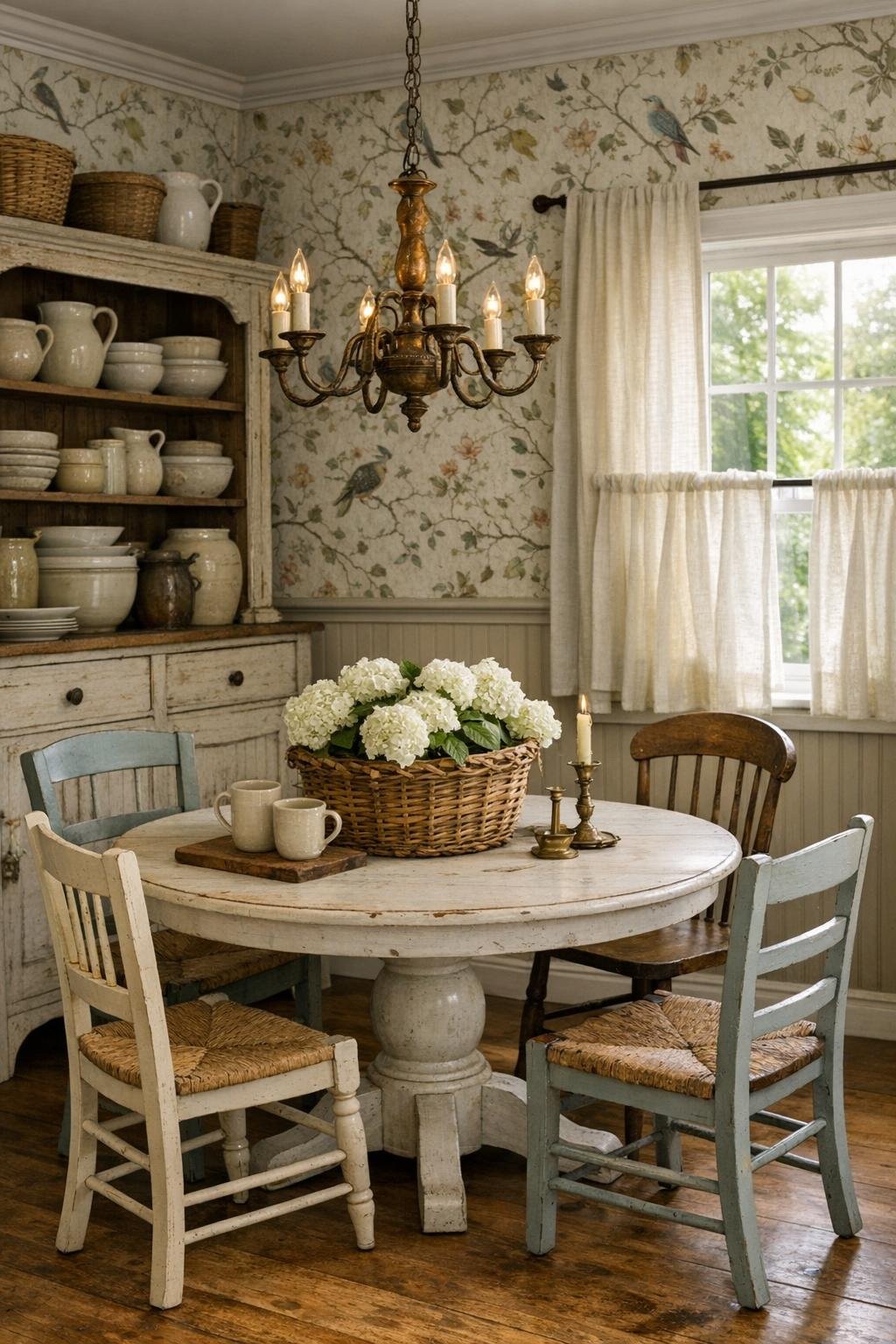 Intimate cottage dining room with a round pedestal table and botanical wallpaper
