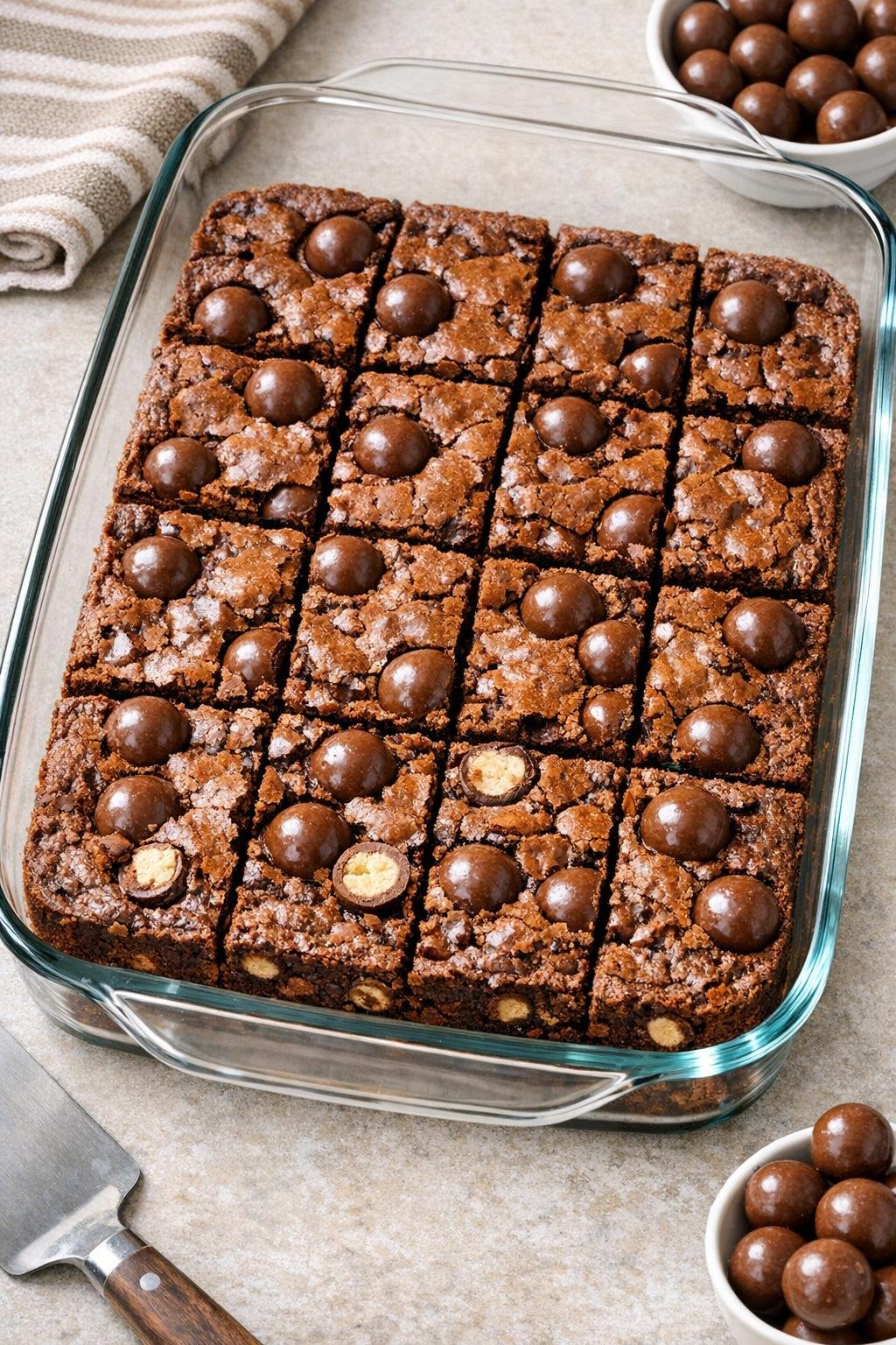 Finished malted chocolate crunch bars in a glass baking dish