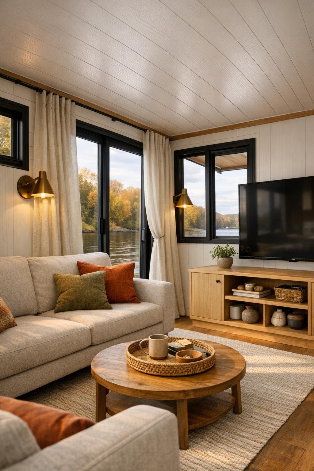 Cozy pontoon houseboat living room with oatmeal sofa and lake views