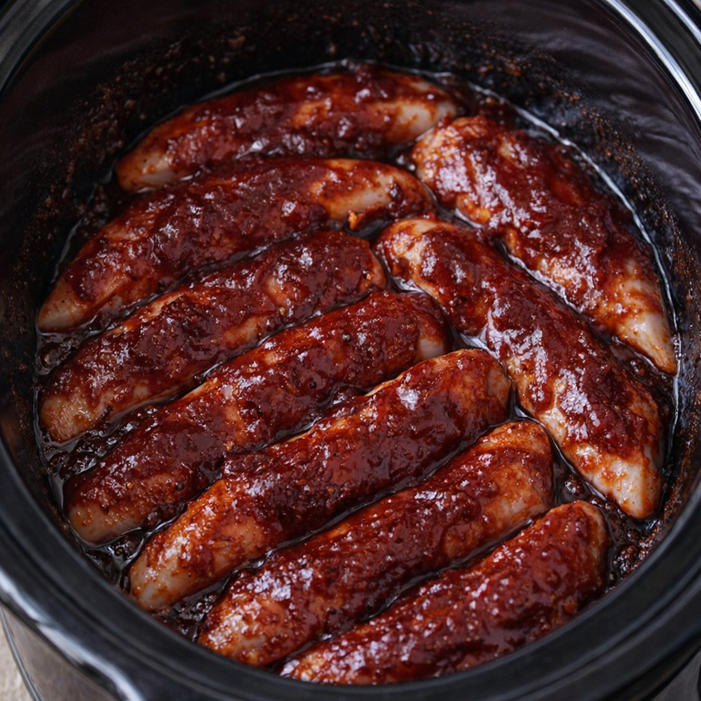 Sauced chicken tenderloins in a slow cooker before cooking