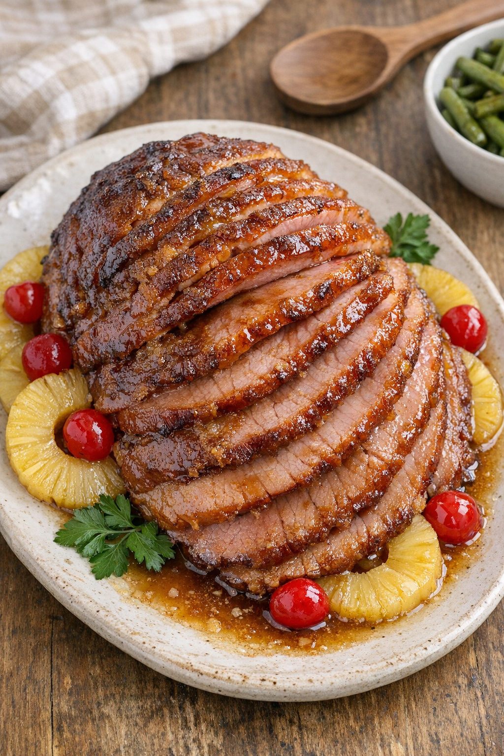 Finished glazed spiral ham on a serving platter