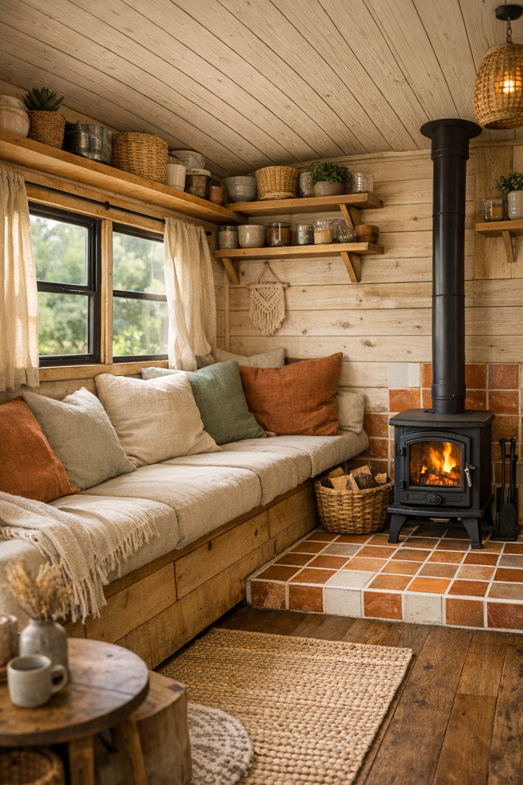 Cozy converted bus living room with built-in bench seating and a small wood stove
