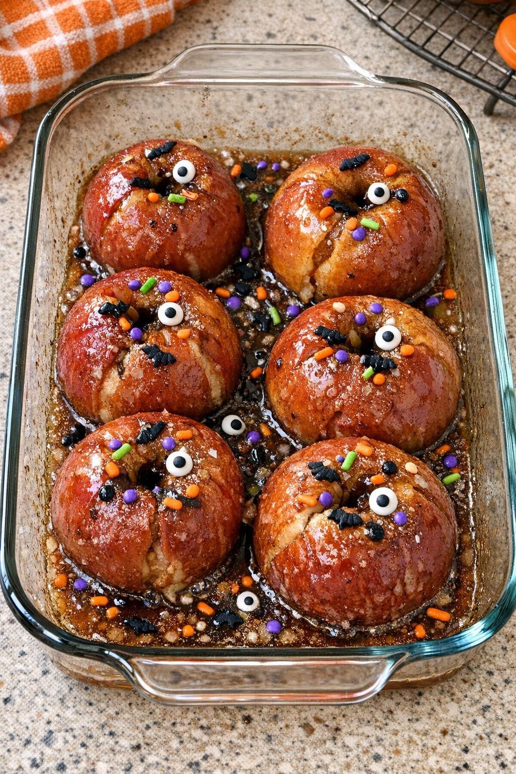Finished baked Halloween apples in a glass casserole dish